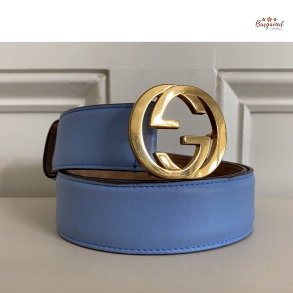 Authentic Gucci Blue Calfskin Leather Gold Interlocking G Buckle Belt 85/34 - Picture 12 of 13